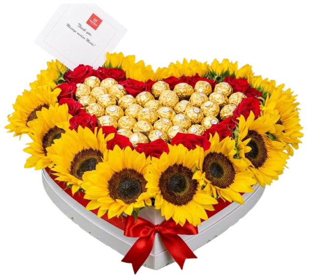 Hermoso corazón de girasoles y rosas con chocolates 💛🌻🌹🍫✨