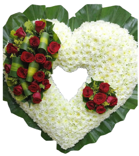 Corazón fúnebre abierto de crisantemos blancos y rosas rojas 🤍🥀🕊️