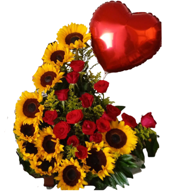 Arreglo Bailarina con Girasoles, Rosas Rojas y Globo 🌻🌹🎈