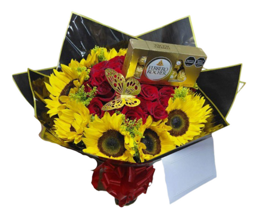 Bouquet de girasol, rosas y chocolates 🌻🌹🍫