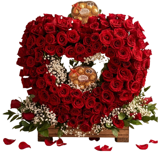 Corazón gigante de aproximadamente 120 rosas y 2 cajas de chocolates Ferrero en forma de corazón ❤️🌹🍫