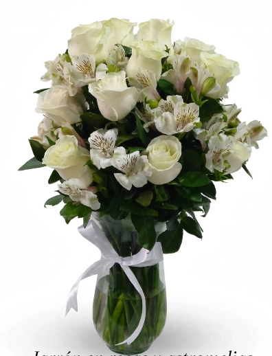 Jarrón de rosas blancas y astromelias blancas 🏺🤍🌼