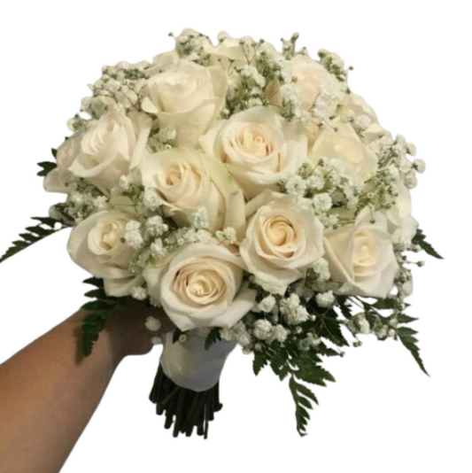 Round Bridal Bouquet in White Roses and Pearls 👰🤍